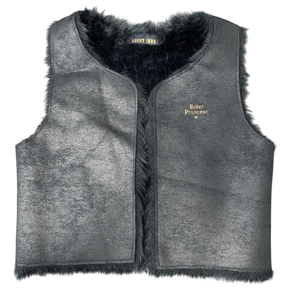 Lucky Ikks Black Faux Fur Vest Toddler Girls Biker Princess Metallic Crown Heart